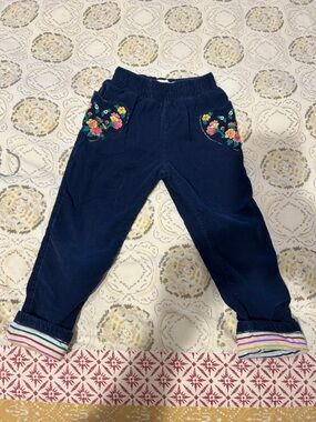 Mini Boden Navy Corduroy Pants with Floral Heart Pockets